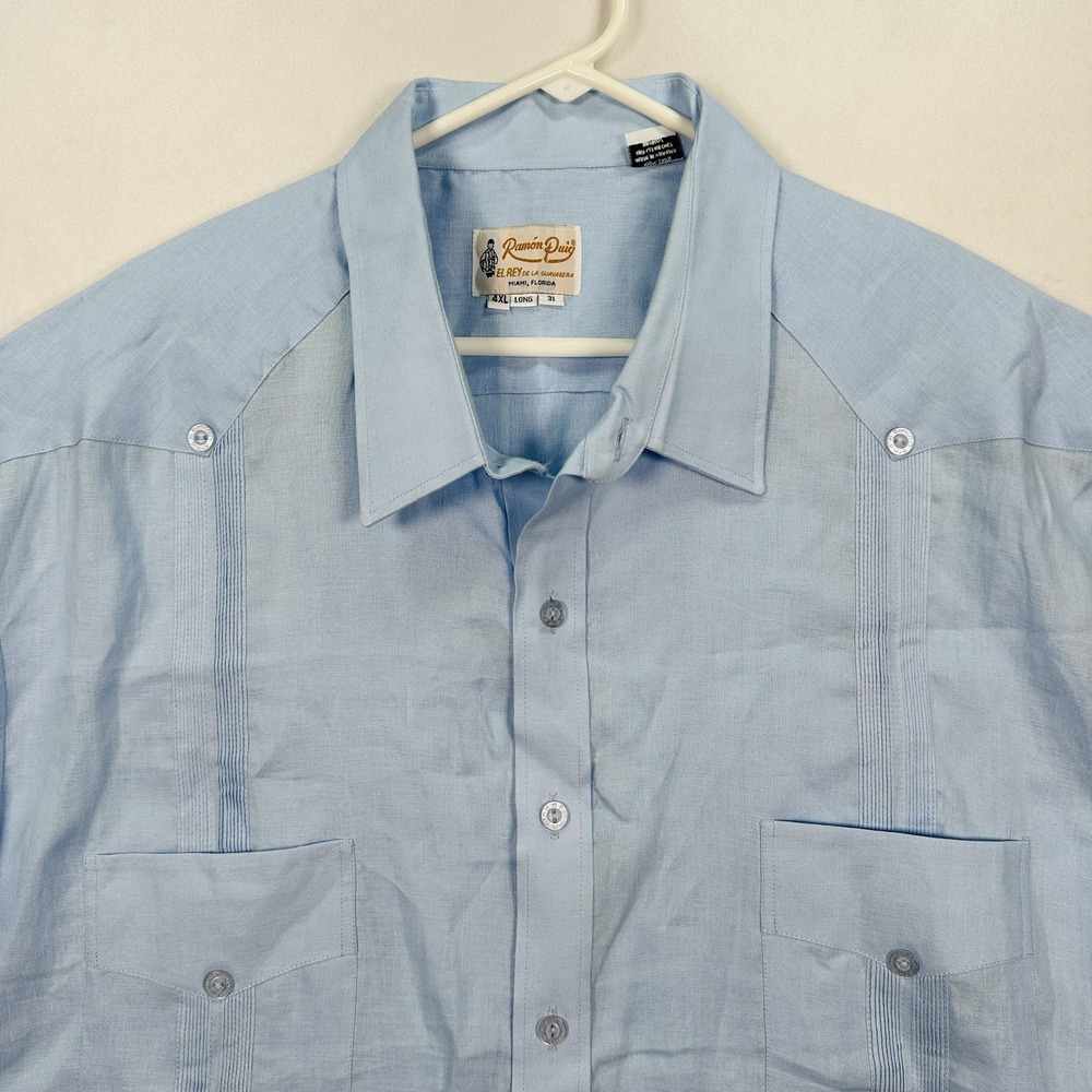 Ramon Puig Guayabera Shirt Mens 4XL Long Blue Linen Button Up Cuban 4 Pocket S/S - Picture 5 of 10